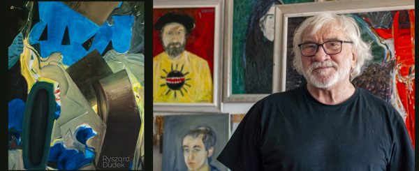 Ryszard Dudek, zdjęcie artysty na tle prac malarskich